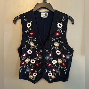 Vintage Paul Harris Designs Vest - Navy Blue Corduroy 100% Cotton Embroidered